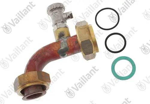 Vaillant Rohr mit Anschlussstück und Dichtungen, eine gebogene Leitung mit einem Hubventil und zwei verschiedenen Dichtungsringen.